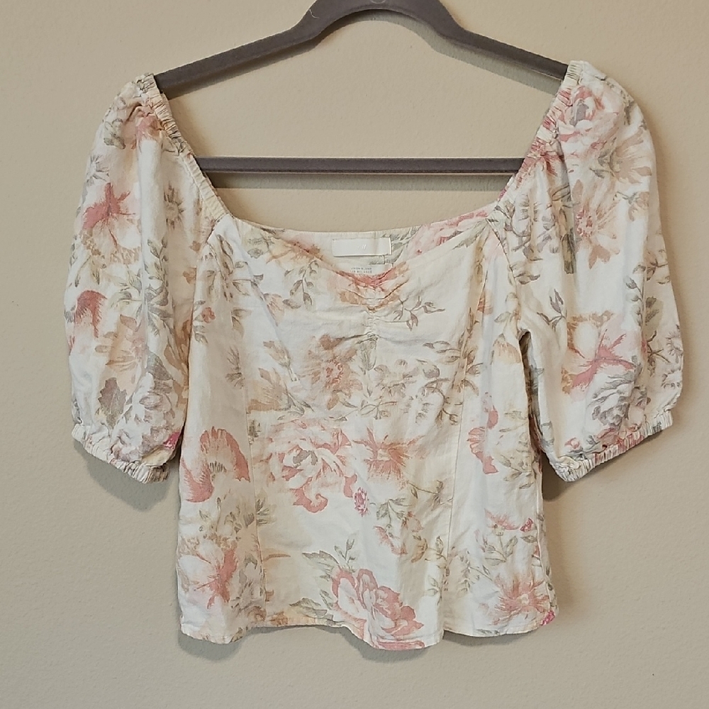 H&M Floral Puff Sleeve Blouse - Cream and Pink